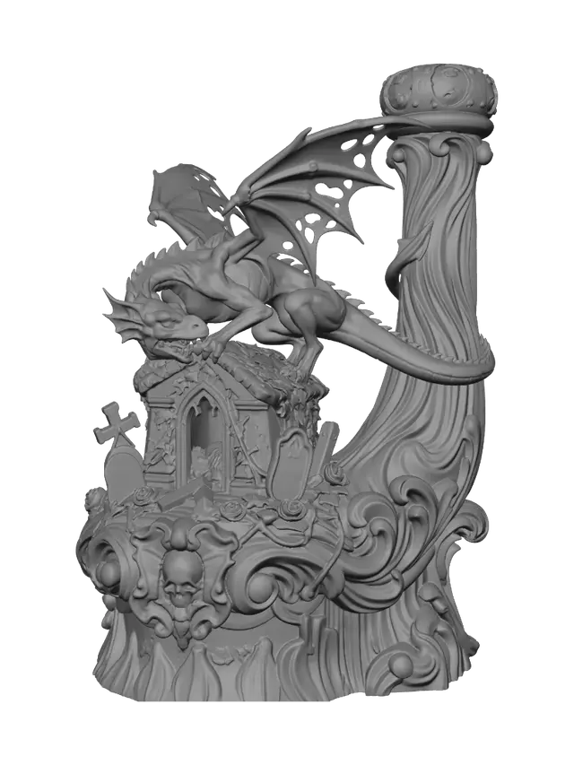 3D model for Hyper-realistic wooden carved Rococo-Art Nouveau caricatural undead dragon statue perched upon ruined cemetery crypts, wings half spread, tail wrapping dramatically around a monumental waved Rococo-Art Nouveau console-pillar. Gothic gravestones, thorned roses, skull cartouches, broken crosses and flowing ivy merge into elegant scrollwork and sweeping volutes. Polished hardwood with razor-sharp scales and anatomical detailing. Polychrome of weathered black, oxidized blue, silver-grey and moss green with cracked varnish, worn gilding and rich aged patina.