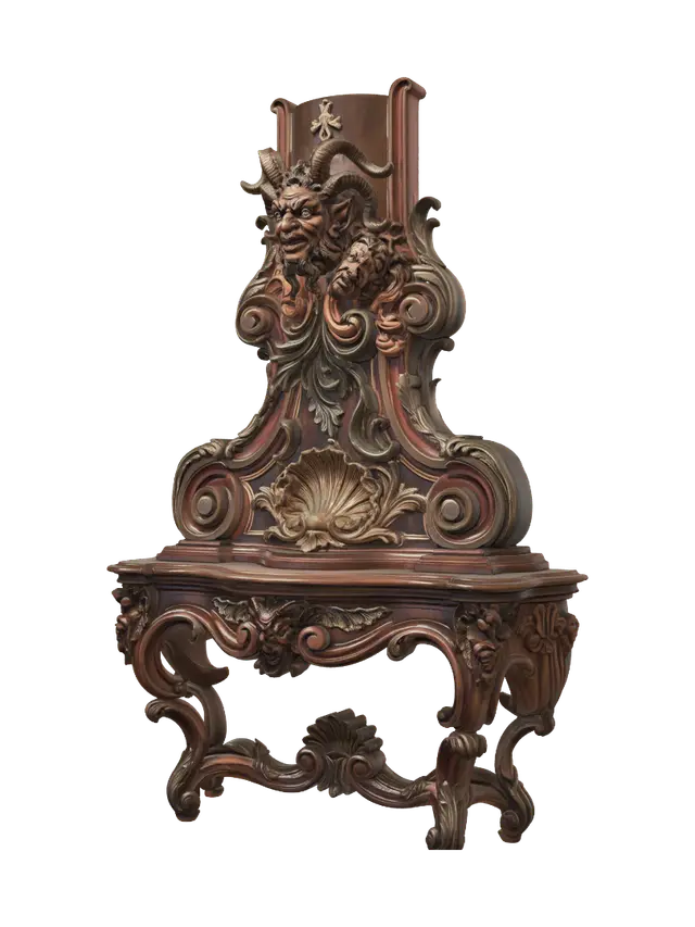 3D model for Transform a horrific horned cosmic flesh demon into a hyper-realistic wooden carved Rococo–Art Nouveau caricatural statue merging into a monumental waved scrollwork console-pillar. Multiple eyes, horns, sinewy tendrils and monstrous anatomy dissolve into twisted rocaille scrolls, infernal cartouches, organic volutes and demonic ornamentation. Carved from polished hardwood with dramatic undercuts and intricate anatomical detailing. Rich polychrome of deep crimson, burnt orange, bone ivory, blackened wood and antique bronze with aged patina and theatrical museum lighting.