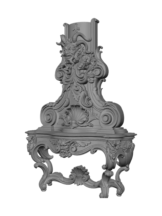 3D model for Transform a horrific horned cosmic flesh demon into a hyper-realistic wooden carved Rococo–Art Nouveau caricatural statue merging into a monumental waved scrollwork console-pillar. Multiple eyes, horns, sinewy tendrils and monstrous anatomy dissolve into twisted rocaille scrolls, infernal cartouches, organic volutes and demonic ornamentation. Carved from polished hardwood with dramatic undercuts and intricate anatomical detailing. Rich polychrome of deep crimson, burnt orange, bone ivory, blackened wood and antique bronze with aged patina and theatrical museum lighting.
