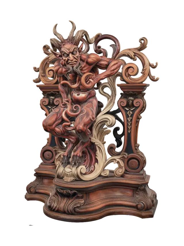 3D model for Transform a horrific horned cosmic flesh demon into a hyper-realistic wooden carved Rococo–Art Nouveau caricatural statue merging into a monumental waved scrollwork console-pillar. Multiple eyes, horns, sinewy tendrils and monstrous anatomy dissolve into twisted rocaille scrolls, infernal cartouches, organic volutes and demonic ornamentation. Carved from polished hardwood with dramatic undercuts and intricate anatomical detailing. Rich polychrome of deep crimson, burnt orange, bone ivory, blackened wood and antique bronze with aged patina and theatrical museum lighting.