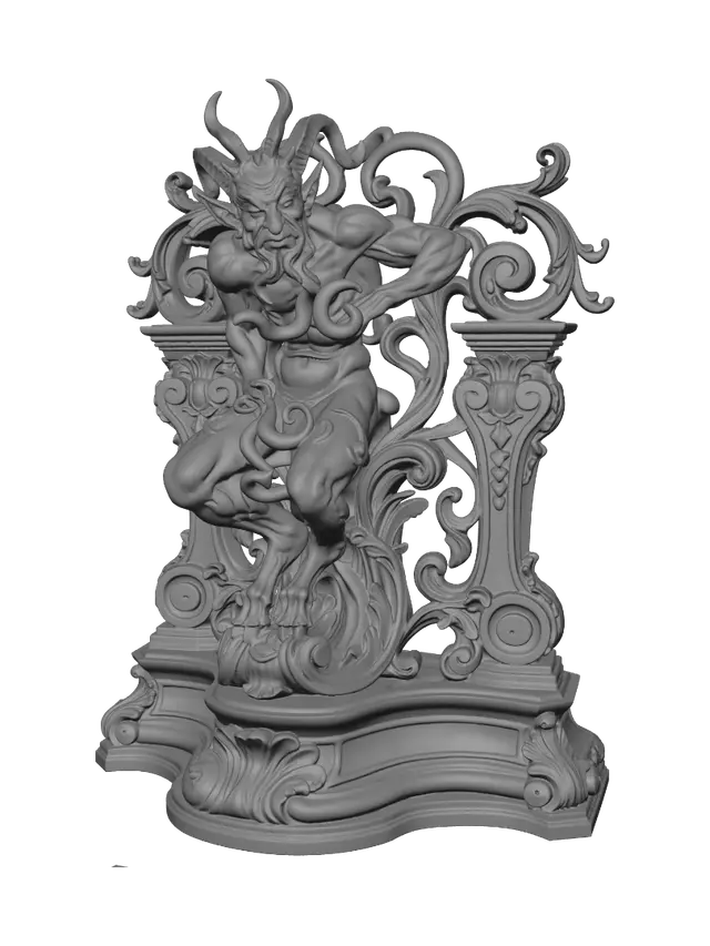3D model for Transform a horrific horned cosmic flesh demon into a hyper-realistic wooden carved Rococo–Art Nouveau caricatural statue merging into a monumental waved scrollwork console-pillar. Multiple eyes, horns, sinewy tendrils and monstrous anatomy dissolve into twisted rocaille scrolls, infernal cartouches, organic volutes and demonic ornamentation. Carved from polished hardwood with dramatic undercuts and intricate anatomical detailing. Rich polychrome of deep crimson, burnt orange, bone ivory, blackened wood and antique bronze with aged patina and theatrical museum lighting.
