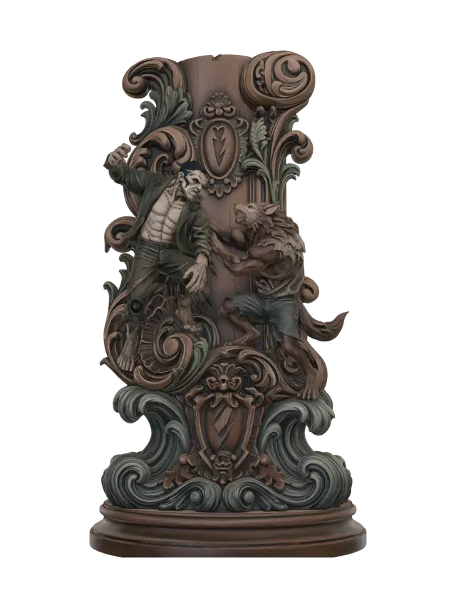 3D model for Transform a towering stitched monster battling a raging werewolf into a hyper-realistic wooden carved Rococo–Art Nouveau dual caricatural statue merging into a monumental waved scrollwork console-pillar. Muscular bodies, claws, torn clothing, lightning and dramatic struggle intertwine into swirling rocaille scrolls, Gothic cartouches, storm-inspired volutes and ornamental foliage. Polished hardwood with deep relief and expressive anatomy. Rich polychrome of muted green, gray, brown, steel and crimson accents with aged patina and museum-quality lighting.