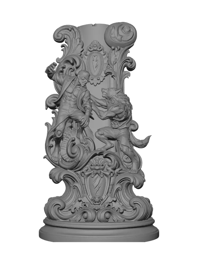 3D model for Transform a towering stitched monster battling a raging werewolf into a hyper-realistic wooden carved Rococo–Art Nouveau dual caricatural statue merging into a monumental waved scrollwork console-pillar. Muscular bodies, claws, torn clothing, lightning and dramatic struggle intertwine into swirling rocaille scrolls, Gothic cartouches, storm-inspired volutes and ornamental foliage. Polished hardwood with deep relief and expressive anatomy. Rich polychrome of muted green, gray, brown, steel and crimson accents with aged patina and museum-quality lighting.