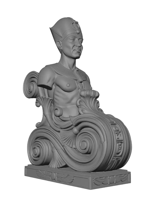 3D model for Transform an elegant ancient Egyptian noble into a hyper-realistic wooden carved Rococo–Art Nouveau caricatural bust merging into a monumental waved scrollwork console-pillar. Ornate jewelry, ceremonial collar, earrings, head ornaments and regal expression dissolve into lotus-inspired rocaille scrolls, hieroglyphic cartouches, papyrus volutes and decorative sun motifs. Carved from polished hardwood with exquisite detailing. Rich polychrome of gold, lapis blue, black, ivory and crimson with aged patina, worn gilding and museum-quality lighting