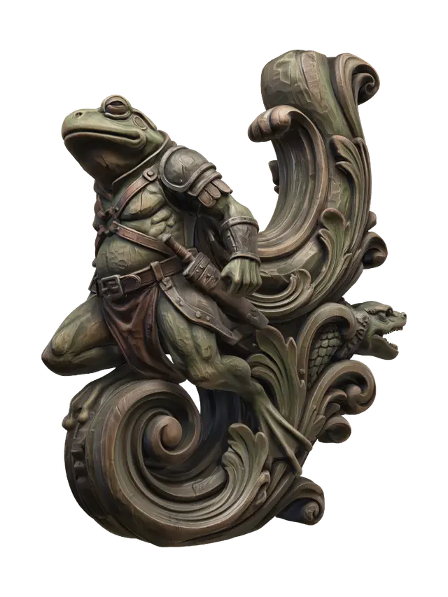 3D model for Transform a colossal muscular frog warrior into a hyper-realistic wooden carved Rococo–Art Nouveau caricatural statue merging into a monumental waved console-pillar. Massive armor, straps, battle belt and powerful physique evolve into bold rocaille scrolls, monstrous cartouches, organic volutes and reptilian ornaments. Polished hardwood with deep anatomical carving, crisp chisel marks and visible wood grain. Rich polychrome of moss green, weathered bronze, leather brown and iron gray with aged patina and dramatic museum lighting.