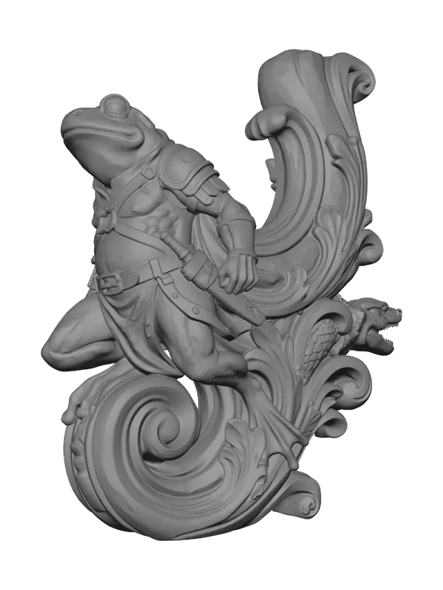 3D model for Transform a colossal muscular frog warrior into a hyper-realistic wooden carved Rococo–Art Nouveau caricatural statue merging into a monumental waved console-pillar. Massive armor, straps, battle belt and powerful physique evolve into bold rocaille scrolls, monstrous cartouches, organic volutes and reptilian ornaments. Polished hardwood with deep anatomical carving, crisp chisel marks and visible wood grain. Rich polychrome of moss green, weathered bronze, leather brown and iron gray with aged patina and dramatic museum lighting.