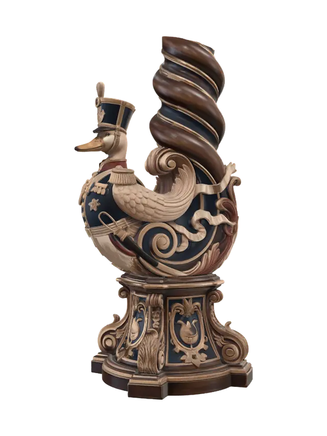 3D model for Transform a proud duck imperial officer into a hyper-realistic wooden carved Rococo–Art Nouveau caricatural statue merging into a monumental waved console-pillar. Military uniform, tall shako, medals, sword and elegant posture flow into ornate rocaille scrolls, heraldic cartouches, feathered volutes and ribbon motifs. Polished hardwood with refined anatomical detailing and crisp carving. Rich polychrome of navy blue, ivory, crimson and antique gold with aged patina, worn gilding and dramatic museum lighting