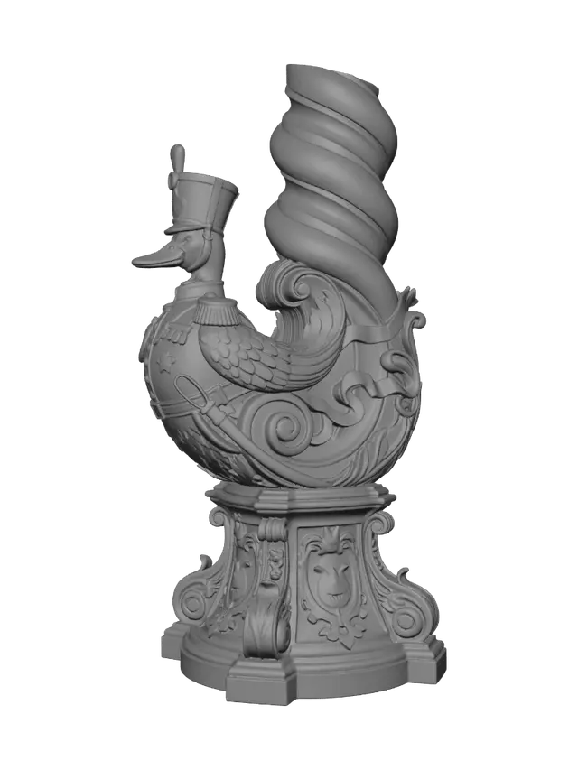 3D model for Transform a proud duck imperial officer into a hyper-realistic wooden carved Rococo–Art Nouveau caricatural statue merging into a monumental waved console-pillar. Military uniform, tall shako, medals, sword and elegant posture flow into ornate rocaille scrolls, heraldic cartouches, feathered volutes and ribbon motifs. Polished hardwood with refined anatomical detailing and crisp carving. Rich polychrome of navy blue, ivory, crimson and antique gold with aged patina, worn gilding and dramatic museum lighting