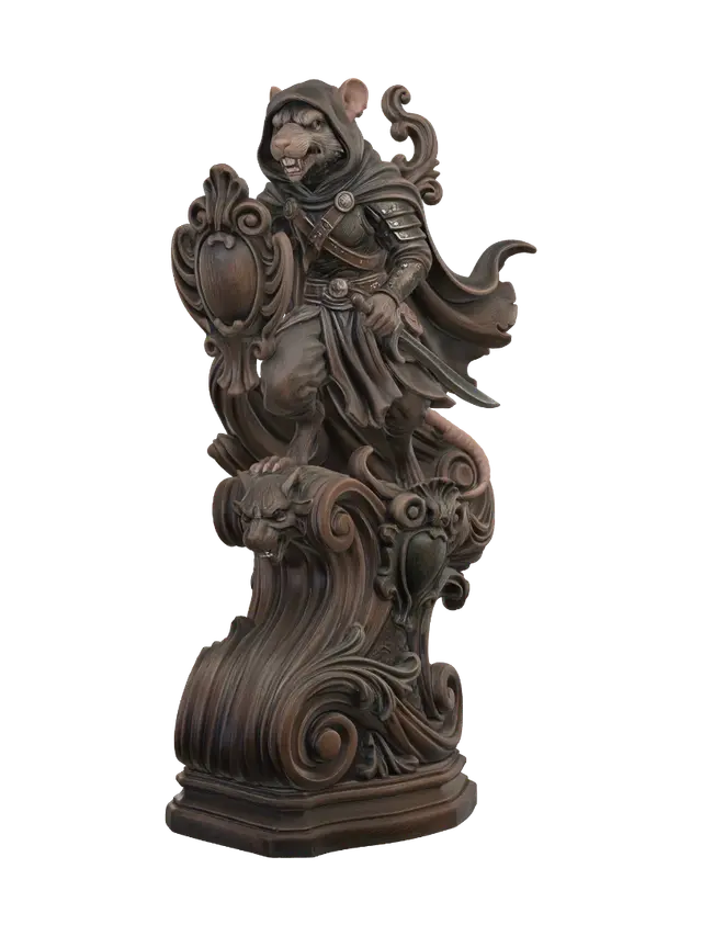 Transform a fierce anthropomorphic rat rogue into a hyper-realistic wooden carved… 3D model, vytvořený pomocí AI