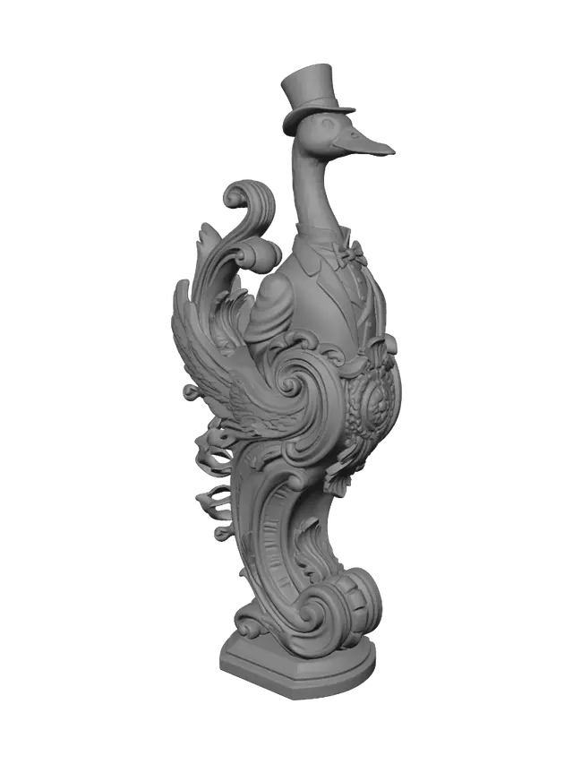 3D model for Transform an elegant goose gentleman into a hyper-realistic wooden carved Rococo–Art Nouveau caricatural statue merging into a monumental waved scrollwork console-pillar. Top hat, cane, frock coat, bow tie and long neck dissolve into lavish rocaille scrolls, feathered volutes, floral cartouches and decorative ribbons. Carved from polished hardwood with crisp chisel marks and graceful anatomical detailing. Rich polychrome of ivory, burgundy, emerald and antique gold with aged patina, cracked varnish and dramatic museum lighting.