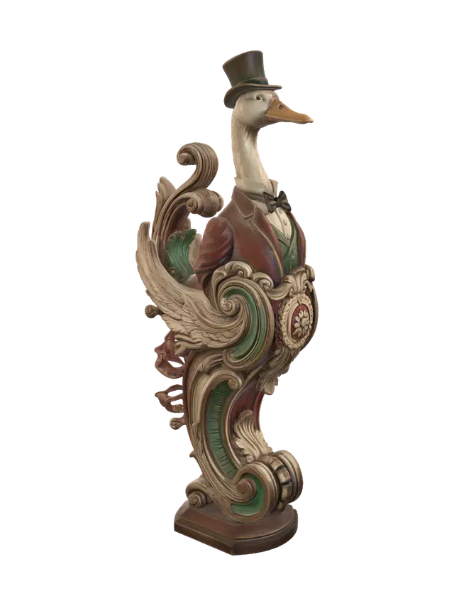 3D model for Transform an elegant goose gentleman into a hyper-realistic wooden carved Rococo–Art Nouveau caricatural statue merging into a monumental waved scrollwork console-pillar. Top hat, cane, frock coat, bow tie and long neck dissolve into lavish rocaille scrolls, feathered volutes, floral cartouches and decorative ribbons. Carved from polished hardwood with crisp chisel marks and graceful anatomical detailing. Rich polychrome of ivory, burgundy, emerald and antique gold with aged patina, cracked varnish and dramatic museum lighting.