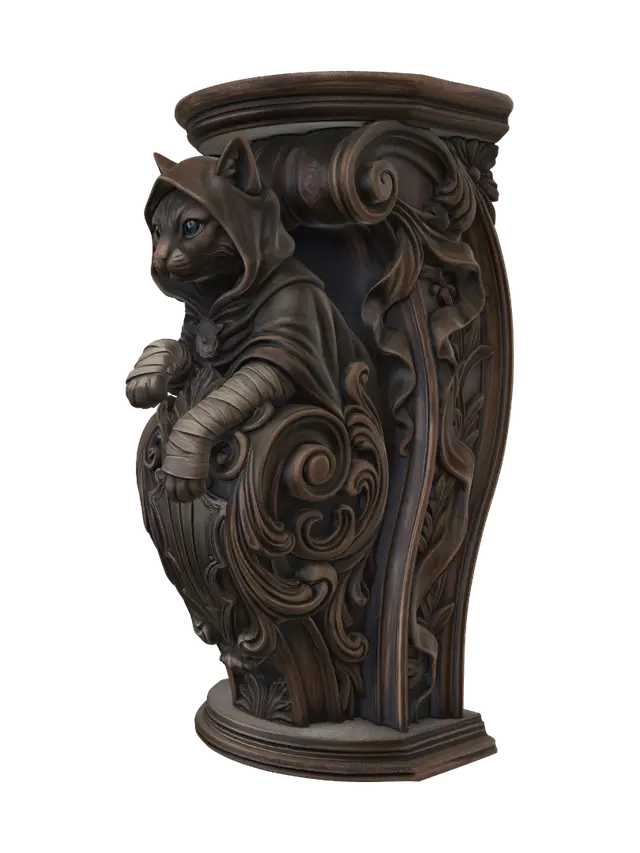3D model for Transform a stealthy black cat assassin into a hyper-realistic wooden carved Rococo–Art Nouveau caricatural statue merging into a monumental waved console-pillar. Hood, bandages, daggers, leather armor and tail evolve into elegant rocaille scrolls, Gothic cartouches, swirling ribbons and ornamental volutes. Polished hardwood with expressive anatomy, deep carving and visible wood grain. Rich polychrome of ebony, charcoal, bronze, muted silver and sapphire eyes with aged patina and museum-quality chiaroscuro.
