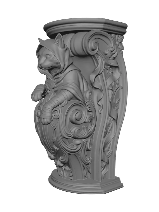 3D model for Transform a stealthy black cat assassin into a hyper-realistic wooden carved Rococo–Art Nouveau caricatural statue merging into a monumental waved console-pillar. Hood, bandages, daggers, leather armor and tail evolve into elegant rocaille scrolls, Gothic cartouches, swirling ribbons and ornamental volutes. Polished hardwood with expressive anatomy, deep carving and visible wood grain. Rich polychrome of ebony, charcoal, bronze, muted silver and sapphire eyes with aged patina and museum-quality chiaroscuro.