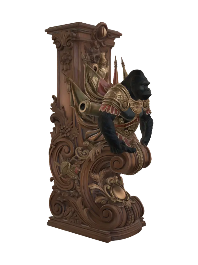 Transform a mighty gorilla clad in ornate battle armor into a hyper-realistic wooden… - Flags 3D-model, gegenereerd door AI