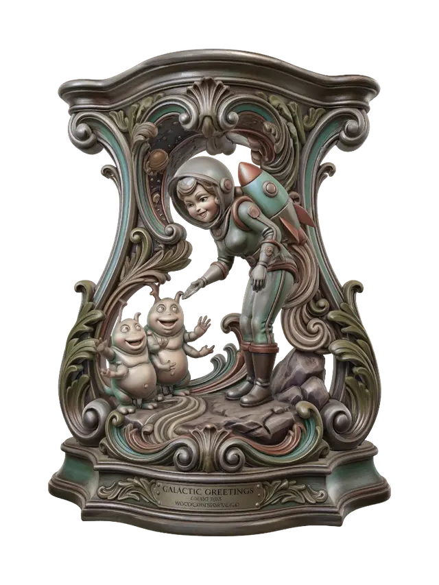 3D model for Transform a glamorous retro space explorer greeting two cheerful alien creatures into a hyper-realistic wooden carved Rococo–Art Nouveau caricatural statue merging into a monumental waved console-pillar. Space helmet, boots, rocket, rocky terrain and playful aliens flow into elegant rocaille scrolls, cosmic cartouches and whimsical volutes. Polished hardwood with crisp anatomical detailing. Rich polychrome of silver, turquoise, copper, olive green and warm ivory with aged patina and dramatic museum lighting.