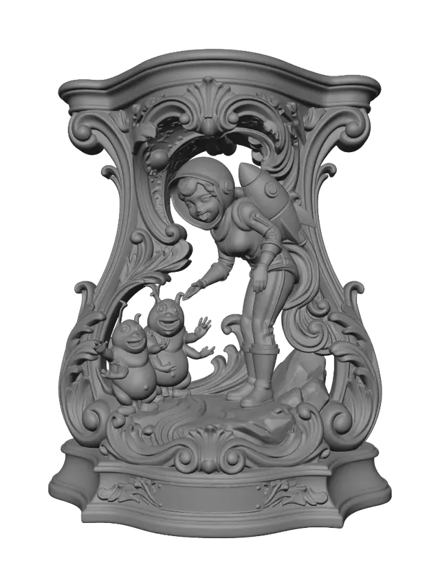 3D model for Transform a glamorous retro space explorer greeting two cheerful alien creatures into a hyper-realistic wooden carved Rococo–Art Nouveau caricatural statue merging into a monumental waved console-pillar. Space helmet, boots, rocket, rocky terrain and playful aliens flow into elegant rocaille scrolls, cosmic cartouches and whimsical volutes. Polished hardwood with crisp anatomical detailing. Rich polychrome of silver, turquoise, copper, olive green and warm ivory with aged patina and dramatic museum lighting.