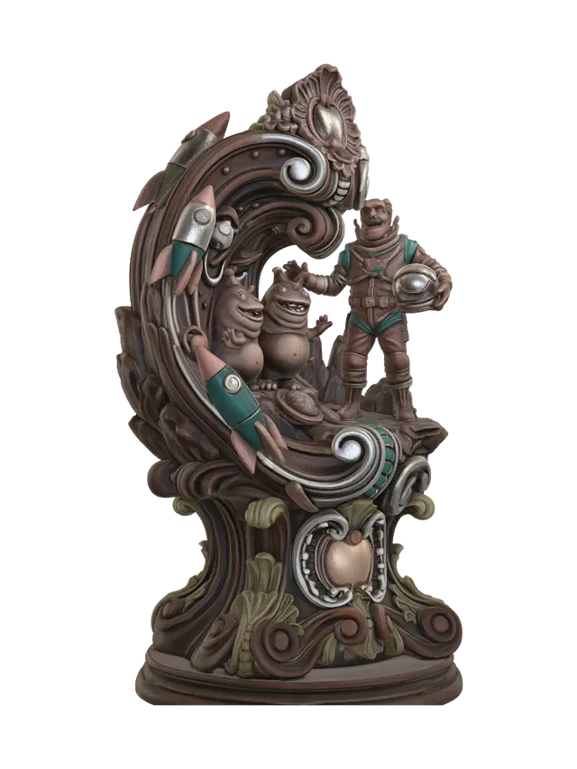 3D model for Transform a glamorous retro space explorer greeting two cheerful alien creatures into a hyper-realistic wooden carved Rococo–Art Nouveau caricatural statue merging into a monumental waved console-pillar. Space helmet, boots, rocket, rocky terrain and playful aliens flow into elegant rocaille scrolls, cosmic cartouches and whimsical volutes. Polished hardwood with crisp anatomical detailing. Rich polychrome of silver, turquoise, copper, olive green and warm ivory with aged patina and dramatic museum lighting.
