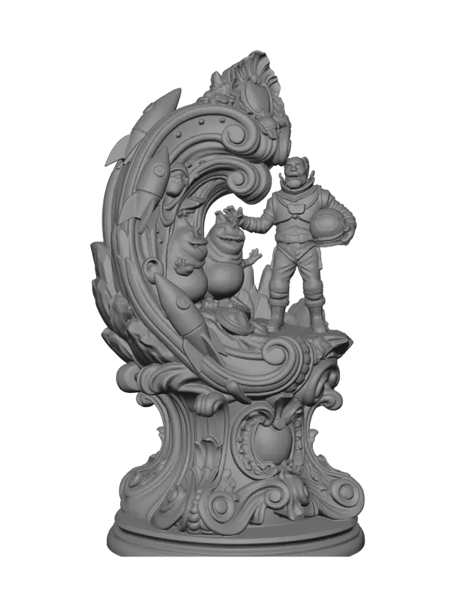 3D model for Transform a glamorous retro space explorer greeting two cheerful alien creatures into a hyper-realistic wooden carved Rococo–Art Nouveau caricatural statue merging into a monumental waved console-pillar. Space helmet, boots, rocket, rocky terrain and playful aliens flow into elegant rocaille scrolls, cosmic cartouches and whimsical volutes. Polished hardwood with crisp anatomical detailing. Rich polychrome of silver, turquoise, copper, olive green and warm ivory with aged patina and dramatic museum lighting.