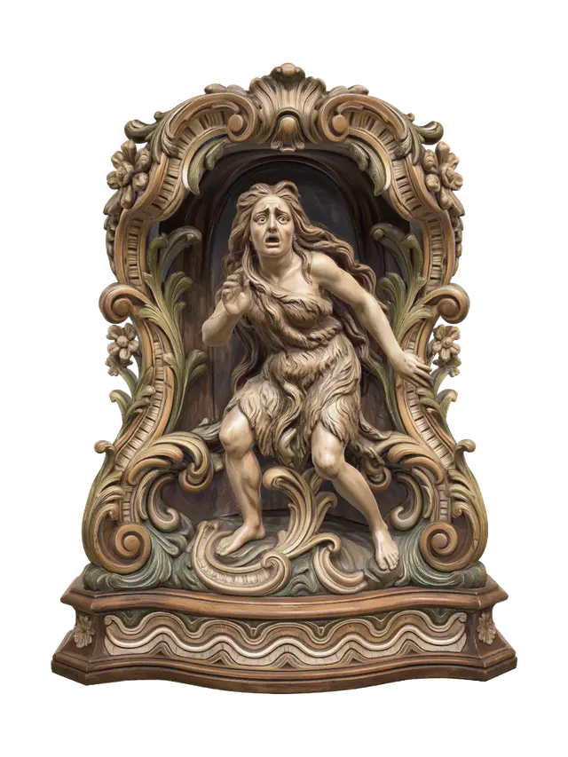 3D model for Transform a terrified prehistoric cave woman into a hyper-realistic wooden carved Rococo–Art Nouveau caricatural statue merging into a monumental waved console-pillar. Flowing hair, primitive clothing, rocky shelter and surrounding foliage become sweeping botanical rocaille, decorative cartouches and organic volutes. Polished hardwood with expressive anatomy and deep relief. Rich earthy polychrome of ochre, moss green, warm browns and ivory with aged patina and museum lighting.