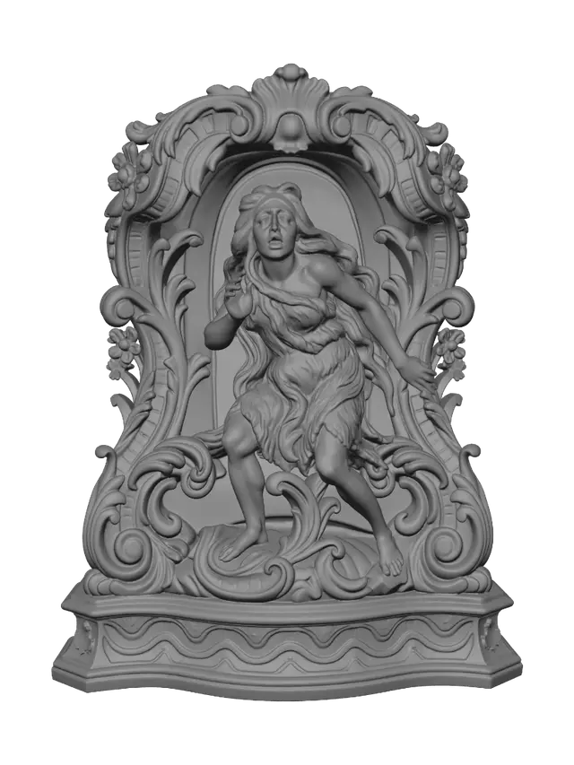3D model for Transform a terrified prehistoric cave woman into a hyper-realistic wooden carved Rococo–Art Nouveau caricatural statue merging into a monumental waved console-pillar. Flowing hair, primitive clothing, rocky shelter and surrounding foliage become sweeping botanical rocaille, decorative cartouches and organic volutes. Polished hardwood with expressive anatomy and deep relief. Rich earthy polychrome of ochre, moss green, warm browns and ivory with aged patina and museum lighting.