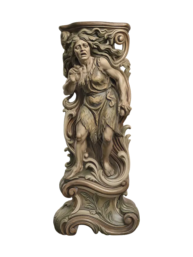 Modello 3D Transform a terrified prehistoric cave woman into a hyper-realistic wooden carved…, generato dall’IA