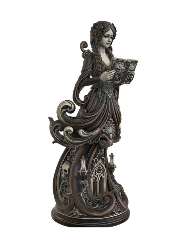 3D model for Transform a solemn gothic girl clutching an ancient demonic grimoire into a hyper-realistic wooden carved Rococo–Art Nouveau caricatural statue merging into a monumental waved console-pillar. Braided hair, flowing dress, skulls, candle, graveyard details and monstrous book become elegant rocaille scrolls, Gothic arches, cartouches and botanical volutes. Polished hardwood, fine anatomical carving, rich polychrome of black, ivory, charcoal and aged bronze with cracked varnish and deep patina.