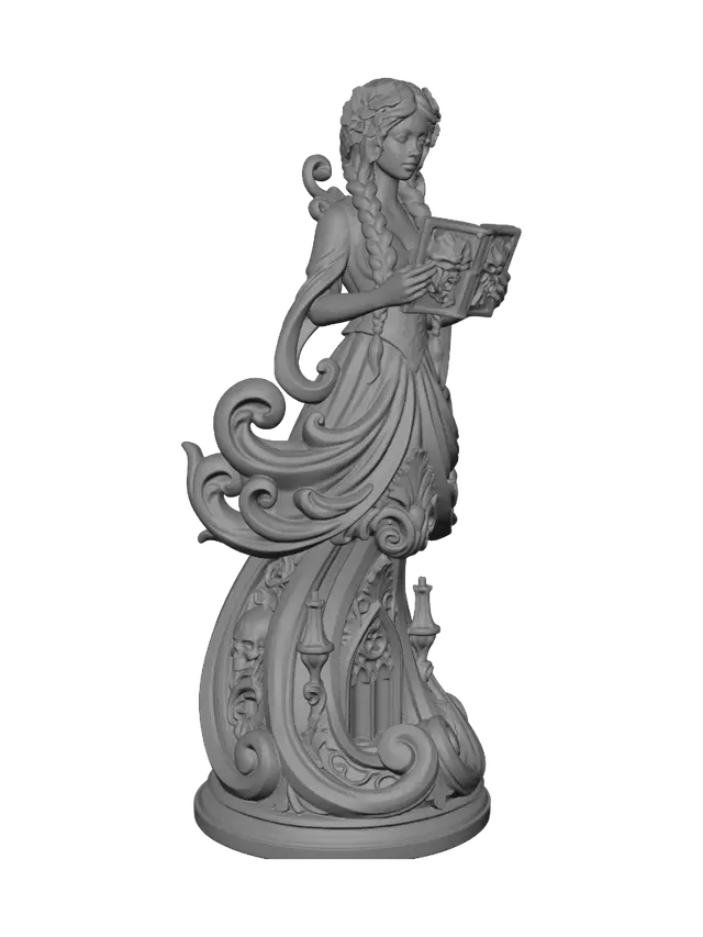 3D model for Transform a solemn gothic girl clutching an ancient demonic grimoire into a hyper-realistic wooden carved Rococo–Art Nouveau caricatural statue merging into a monumental waved console-pillar. Braided hair, flowing dress, skulls, candle, graveyard details and monstrous book become elegant rocaille scrolls, Gothic arches, cartouches and botanical volutes. Polished hardwood, fine anatomical carving, rich polychrome of black, ivory, charcoal and aged bronze with cracked varnish and deep patina.