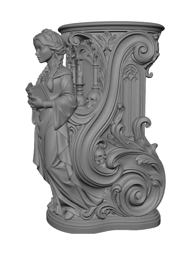 3D model for Transform a solemn gothic girl clutching an ancient demonic grimoire into a hyper-realistic wooden carved Rococo–Art Nouveau caricatural statue merging into a monumental waved console-pillar. Braided hair, flowing dress, skulls, candle, graveyard details and monstrous book become elegant rocaille scrolls, Gothic arches, cartouches and botanical volutes. Polished hardwood, fine anatomical carving, rich polychrome of black, ivory, charcoal and aged bronze with cracked varnish and deep patina.
