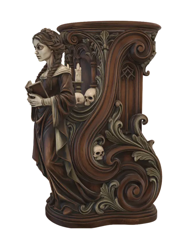 3D model for Transform a solemn gothic girl clutching an ancient demonic grimoire into a hyper-realistic wooden carved Rococo–Art Nouveau caricatural statue merging into a monumental waved console-pillar. Braided hair, flowing dress, skulls, candle, graveyard details and monstrous book become elegant rocaille scrolls, Gothic arches, cartouches and botanical volutes. Polished hardwood, fine anatomical carving, rich polychrome of black, ivory, charcoal and aged bronze with cracked varnish and deep patina.