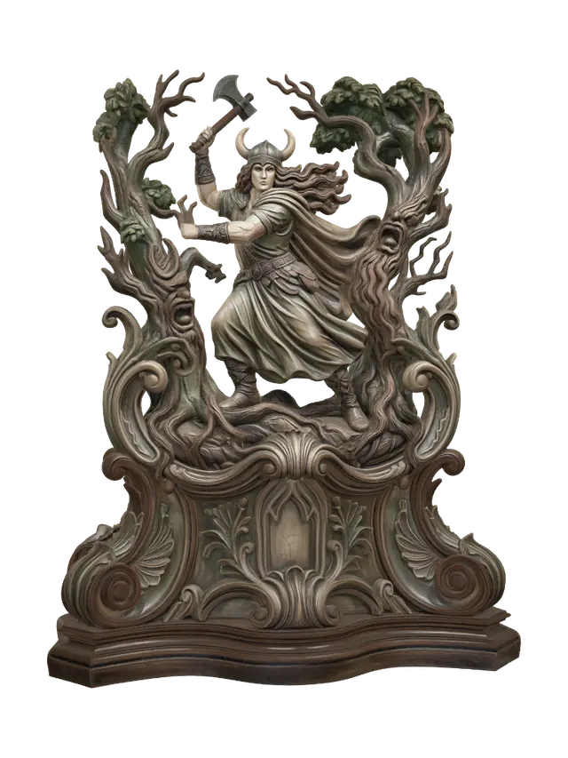 3D model for Transform a fearless barbarian heroine fighting monstrous haunted trees into a hyper-realistic wooden carved Rococo–Art Nouveau statue merging into a monumental waved console-pillar. Twisting roots, snarling faces, clawed branches and the heroine's flowing hair become elaborate botanical whiplash scrolls, Gothic cartouches and layered volutes. Polished hardwood with deep carving, crisp chisel marks and expressive anatomy. Rich polychrome in moss green, bark brown, bone ivory and steel gray with aged patina, craquelure and dramatic museum lighting.