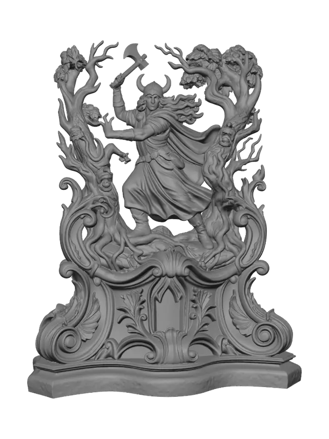 3D model for Transform a fearless barbarian heroine fighting monstrous haunted trees into a hyper-realistic wooden carved Rococo–Art Nouveau statue merging into a monumental waved console-pillar. Twisting roots, snarling faces, clawed branches and the heroine's flowing hair become elaborate botanical whiplash scrolls, Gothic cartouches and layered volutes. Polished hardwood with deep carving, crisp chisel marks and expressive anatomy. Rich polychrome in moss green, bark brown, bone ivory and steel gray with aged patina, craquelure and dramatic museum lighting.