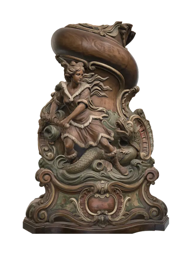 3D model for Transform a fierce barbarian heroine battling a grotesque swamp monster into a hyper-realistic wooden carved Rococo–Art Nouveau dual statue merging into a monumental waved console-pillar. Flowing hair, fur garments, splashing water, monstrous tongue and bulging eyes dissolve into sweeping rocaille scrolls, aquatic volutes and decorative cartouches. Polished hardwood with dynamic anatomy and deep relief. Rich earthy polychrome with aged patina, worn gilding and museum-quality chiaroscuro.