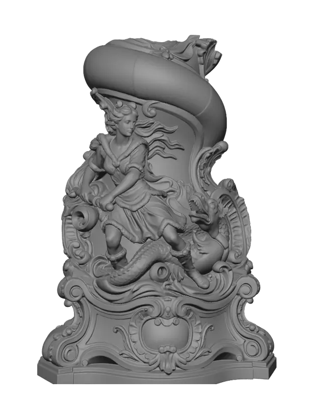 3D model for Transform a fierce barbarian heroine battling a grotesque swamp monster into a hyper-realistic wooden carved Rococo–Art Nouveau dual statue merging into a monumental waved console-pillar. Flowing hair, fur garments, splashing water, monstrous tongue and bulging eyes dissolve into sweeping rocaille scrolls, aquatic volutes and decorative cartouches. Polished hardwood with dynamic anatomy and deep relief. Rich earthy polychrome with aged patina, worn gilding and museum-quality chiaroscuro.