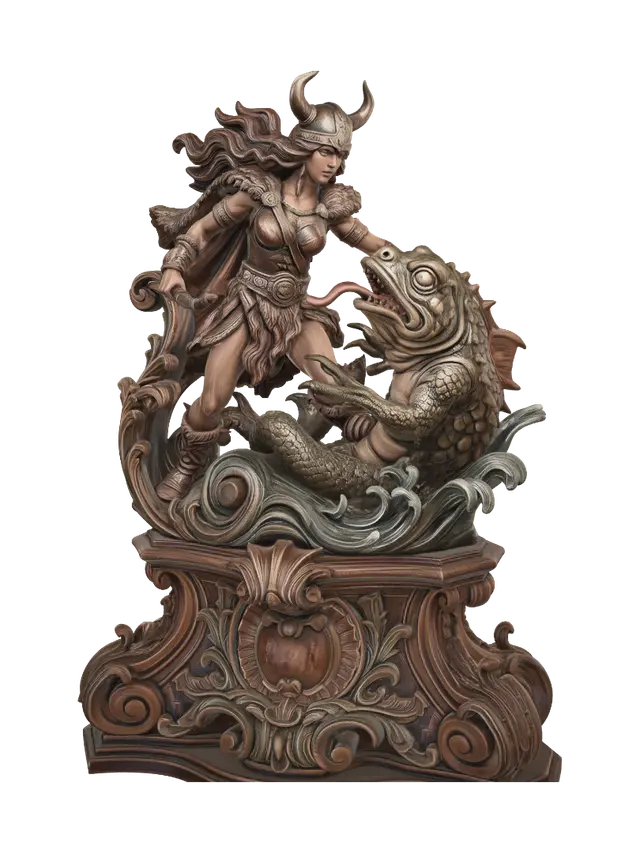 3D model for Transform a fierce barbarian heroine battling a grotesque swamp monster into a hyper-realistic wooden carved Rococo–Art Nouveau dual statue merging into a monumental waved console-pillar. Flowing hair, fur garments, splashing water, monstrous tongue and bulging eyes dissolve into sweeping rocaille scrolls, aquatic volutes and decorative cartouches. Polished hardwood with dynamic anatomy and deep relief. Rich earthy polychrome with aged patina, worn gilding and museum-quality chiaroscuro.