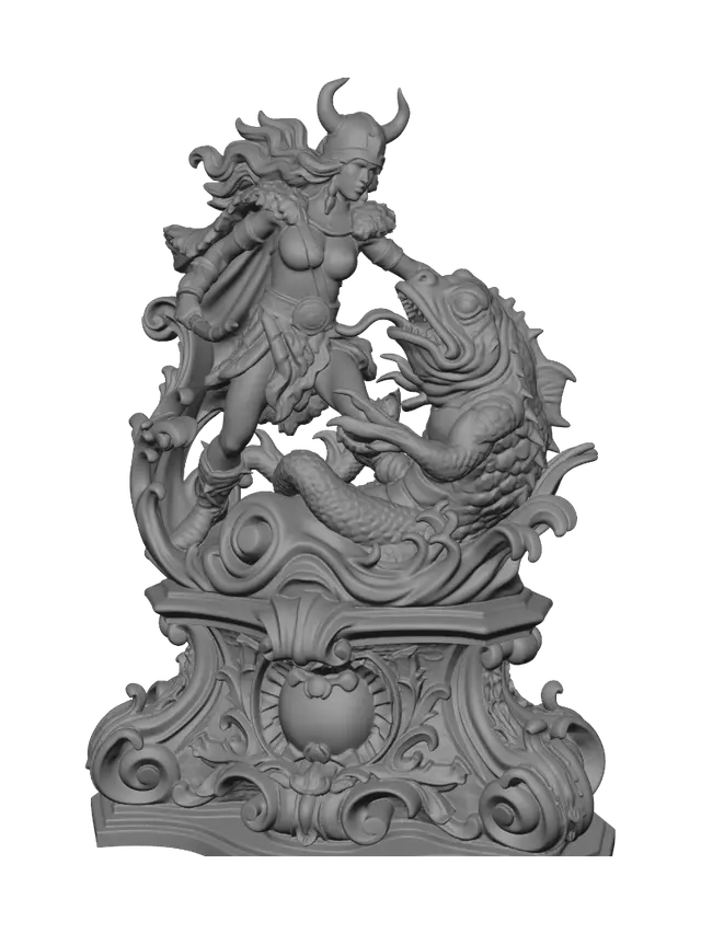 3D model for Transform a fierce barbarian heroine battling a grotesque swamp monster into a hyper-realistic wooden carved Rococo–Art Nouveau dual statue merging into a monumental waved console-pillar. Flowing hair, fur garments, splashing water, monstrous tongue and bulging eyes dissolve into sweeping rocaille scrolls, aquatic volutes and decorative cartouches. Polished hardwood with dynamic anatomy and deep relief. Rich earthy polychrome with aged patina, worn gilding and museum-quality chiaroscuro.