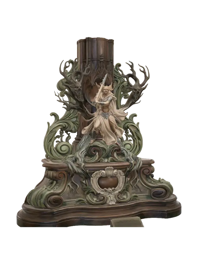 3D model for Transform a fearless barbarian heroine fighting monstrous haunted trees into a hyper-realistic wooden carved Rococo–Art Nouveau statue merging into a monumental waved console-pillar. Twisting roots, snarling faces, clawed branches and the heroine's flowing hair become elaborate botanical whiplash scrolls, Gothic cartouches and layered volutes. Polished hardwood with deep carving, crisp chisel marks and expressive anatomy. Rich polychrome in moss green, bark brown, bone ivory and steel gray with aged patina, craquelure and dramatic museum lighting.