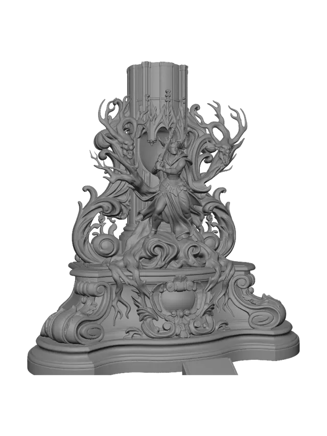 3D model for Transform a fearless barbarian heroine fighting monstrous haunted trees into a hyper-realistic wooden carved Rococo–Art Nouveau statue merging into a monumental waved console-pillar. Twisting roots, snarling faces, clawed branches and the heroine's flowing hair become elaborate botanical whiplash scrolls, Gothic cartouches and layered volutes. Polished hardwood with deep carving, crisp chisel marks and expressive anatomy. Rich polychrome in moss green, bark brown, bone ivory and steel gray with aged patina, craquelure and dramatic museum lighting.