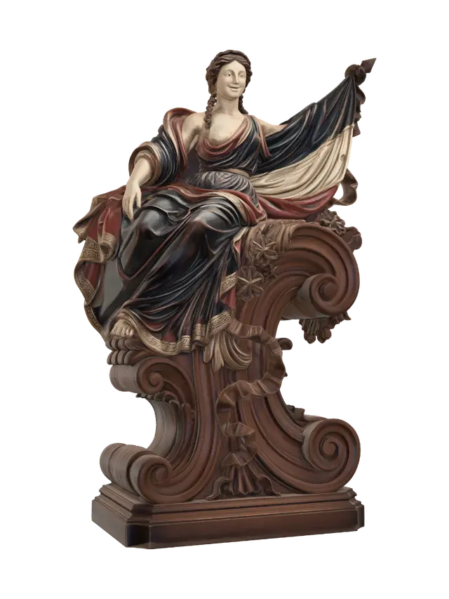 3D model for Transform a smiling patriotic pin-up draped in a star-spangled flag into a hyper-realistic wooden carved Rococo–Art Nouveau caricatural statue merging into a monumental waved scrollwork console-pillar. Flowing fabric becomes cascading ribbon scrolls, stars evolve into floral cartouches and elegant volutes surrounding the seated figure. Graceful anatomy, braided hair and playful pose are richly carved in polished hardwood with deep undercuts and visible wood grain. Polychrome of deep navy, crimson, ivory and antique gold with aged patina and museum-quality dramatic lighting.