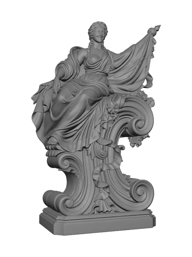 3D model for Transform a smiling patriotic pin-up draped in a star-spangled flag into a hyper-realistic wooden carved Rococo–Art Nouveau caricatural statue merging into a monumental waved scrollwork console-pillar. Flowing fabric becomes cascading ribbon scrolls, stars evolve into floral cartouches and elegant volutes surrounding the seated figure. Graceful anatomy, braided hair and playful pose are richly carved in polished hardwood with deep undercuts and visible wood grain. Polychrome of deep navy, crimson, ivory and antique gold with aged patina and museum-quality dramatic lighting.