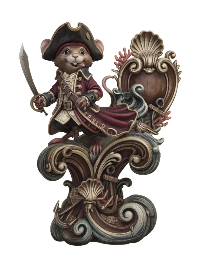 Transform a cheerful pirate mouse captain into a hyper-realistic wooden carved… - Anatomical 3D model, vytvořený pomocí AI