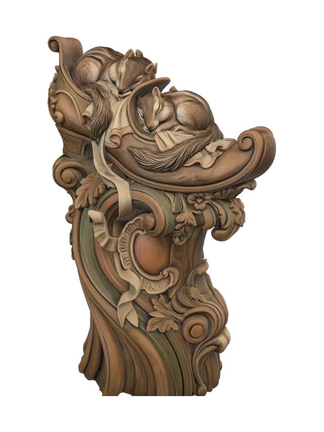 3D model for Transform two adorable sleeping woodland chipmunks cuddled inside an oversized slipper into a hyper-realistic wooden carved Rococo-Art Nouveau caricatural double statue merging into a monumental waved scrollwork console-pillar. The slipper transforms into curling rocaille shells, acorns, oak leaves and floral cartouches while tails and blankets become graceful Art Nouveau ribbons. Material: polished hardwood with delicate fur carving and crisp detailing. Polychrome: weary deep honey, chestnut, moss green, cream and muted orange with aged patina.
