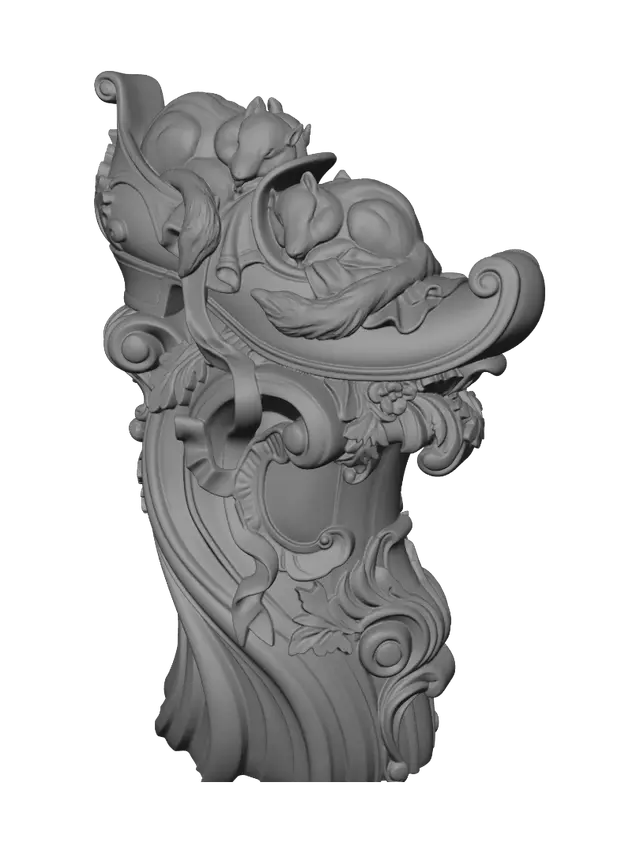3D model for Transform two adorable sleeping woodland chipmunks cuddled inside an oversized slipper into a hyper-realistic wooden carved Rococo-Art Nouveau caricatural double statue merging into a monumental waved scrollwork console-pillar. The slipper transforms into curling rocaille shells, acorns, oak leaves and floral cartouches while tails and blankets become graceful Art Nouveau ribbons. Material: polished hardwood with delicate fur carving and crisp detailing. Polychrome: weary deep honey, chestnut, moss green, cream and muted orange with aged patina.