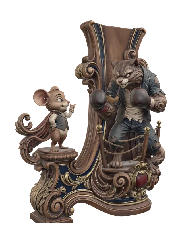 Transform a clever cartoon mouse facing a massive intimidating alley cat into a… - Boxing 3D model, vytvořený pomocí AI