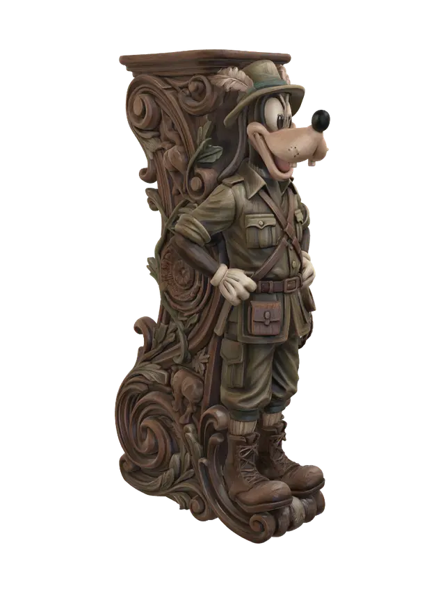 3D model for Transform a tall cheerful cartoon dog explorer into a hyper-realistic wooden carved Rococo-Art Nouveau caricatural statue merging into a monumental waved scrollwork console-pillar. Safari uniform, feathered hat, oversized boots and playful grin merge into flowing jungle vines, explorer equipment, rocaille scrolls, floral cartouches and sweeping Art Nouveau volutes. Clothing cascades into elegant S-curves. Material: polished hardwood with refined anatomical detailing, crisp chisel marks and deep undercuts. Polychrome: weary deep khaki, olive, chestnut, ivory and aged bronze with rich aged patina.
