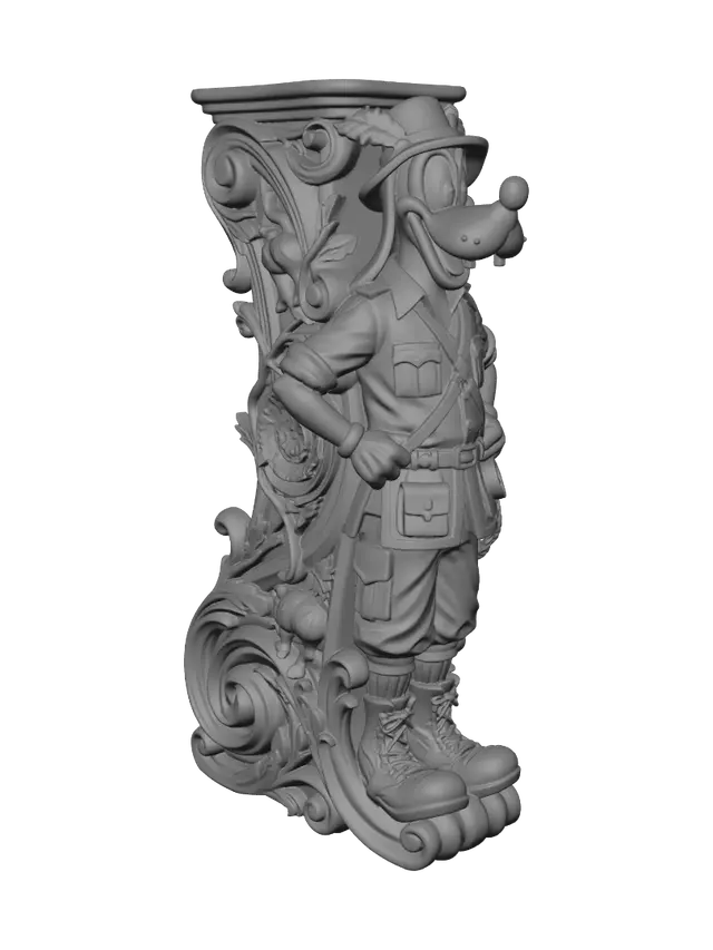 3D model for Transform a tall cheerful cartoon dog explorer into a hyper-realistic wooden carved Rococo-Art Nouveau caricatural statue merging into a monumental waved scrollwork console-pillar. Safari uniform, feathered hat, oversized boots and playful grin merge into flowing jungle vines, explorer equipment, rocaille scrolls, floral cartouches and sweeping Art Nouveau volutes. Clothing cascades into elegant S-curves. Material: polished hardwood with refined anatomical detailing, crisp chisel marks and deep undercuts. Polychrome: weary deep khaki, olive, chestnut, ivory and aged bronze with rich aged patina.