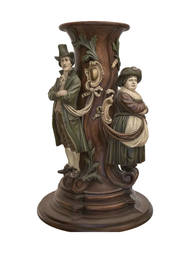 Transform a lanky gentleman and his stout companion into hyper-realistic wooden… - Couple 3D model, vytvořený pomocí AI