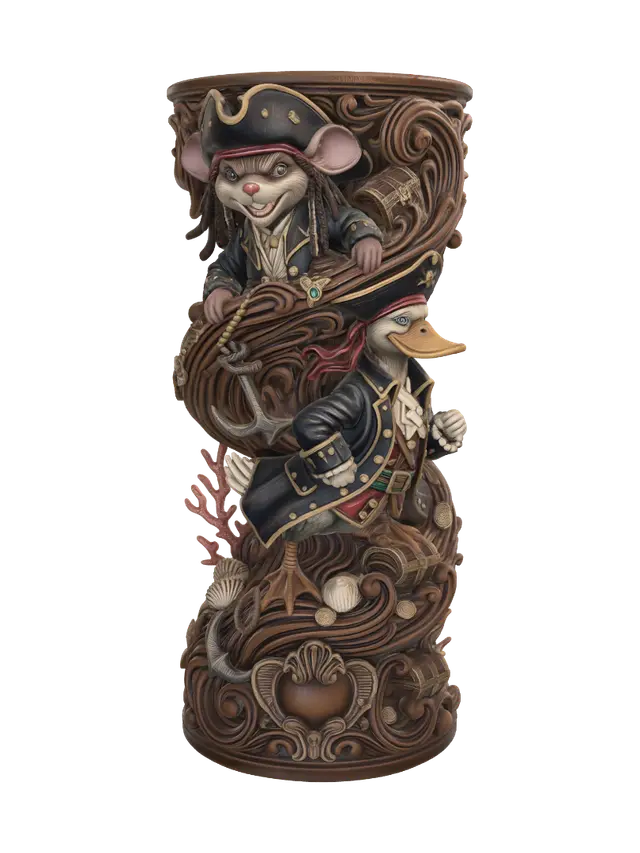 3D model for Transform a mischievous pirate mouse and swaggering pirate duck into hyper-realistic wooden carved Rococo-Art Nouveau caricatural statues merging into a monumental waved scrollwork console-pillar. Pirate hats, dreadlocks, coats, jewelry and treasure merge into elaborate nautical rocaille scrolls, anchors, shells, coins, coral cartouches and sweeping ocean volutes. Clothing flows dramatically. Material: polished hardwood with fine anatomical detailing. Polychrome: weary deep navy, crimson, emerald, ivory and antique gold with aged patina.