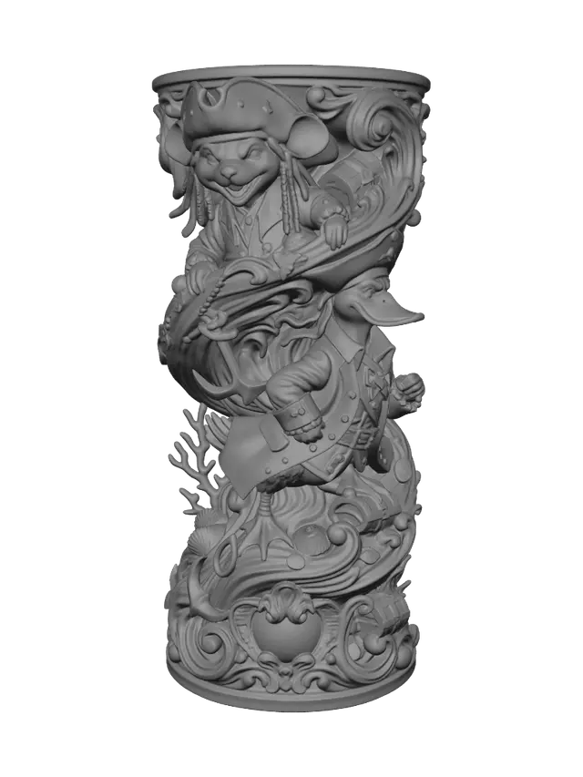 3D model for Transform a mischievous pirate mouse and swaggering pirate duck into hyper-realistic wooden carved Rococo-Art Nouveau caricatural statues merging into a monumental waved scrollwork console-pillar. Pirate hats, dreadlocks, coats, jewelry and treasure merge into elaborate nautical rocaille scrolls, anchors, shells, coins, coral cartouches and sweeping ocean volutes. Clothing flows dramatically. Material: polished hardwood with fine anatomical detailing. Polychrome: weary deep navy, crimson, emerald, ivory and antique gold with aged patina.