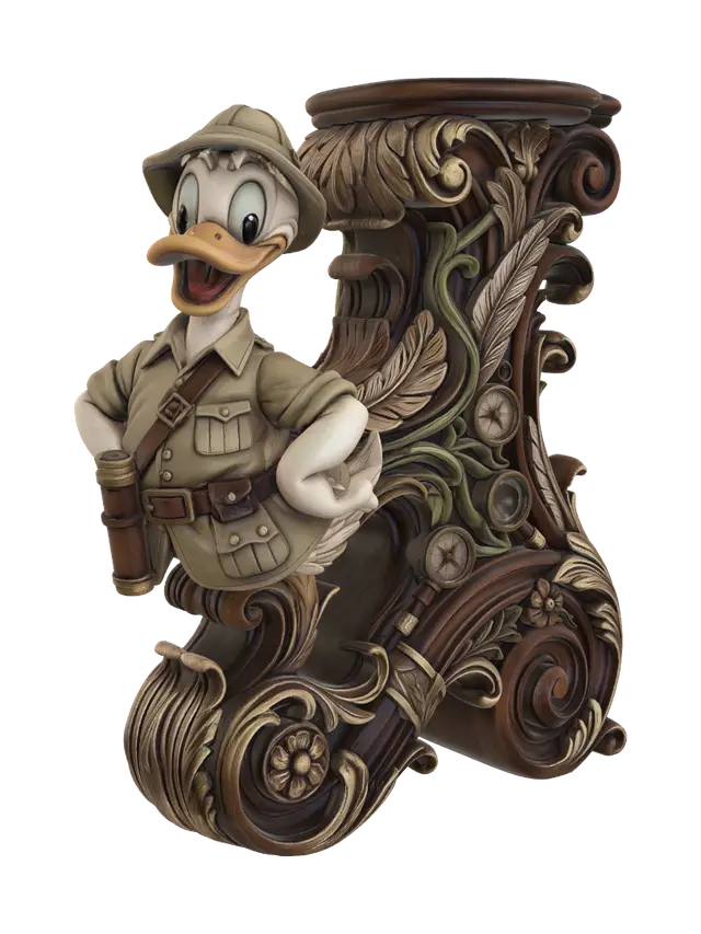 3D model for Transform a cheerful explorer duck into a hyper-realistic wooden carved Rococo-Art Nouveau caricatural statue merging into a monumental waved scrollwork console-pillar. Safari shirt, expedition hat, utility belt and telescope case flow into tropical vines, feathers, explorer tools, floral cartouches and graceful volutes. Clothes ripple dramatically into ornate Rococo scrollwork. Material: polished hardwood with refined feather detailing and crisp carving. Polychrome: weary deep ivory, khaki, golden yellow, brown and antique brass with aged patina