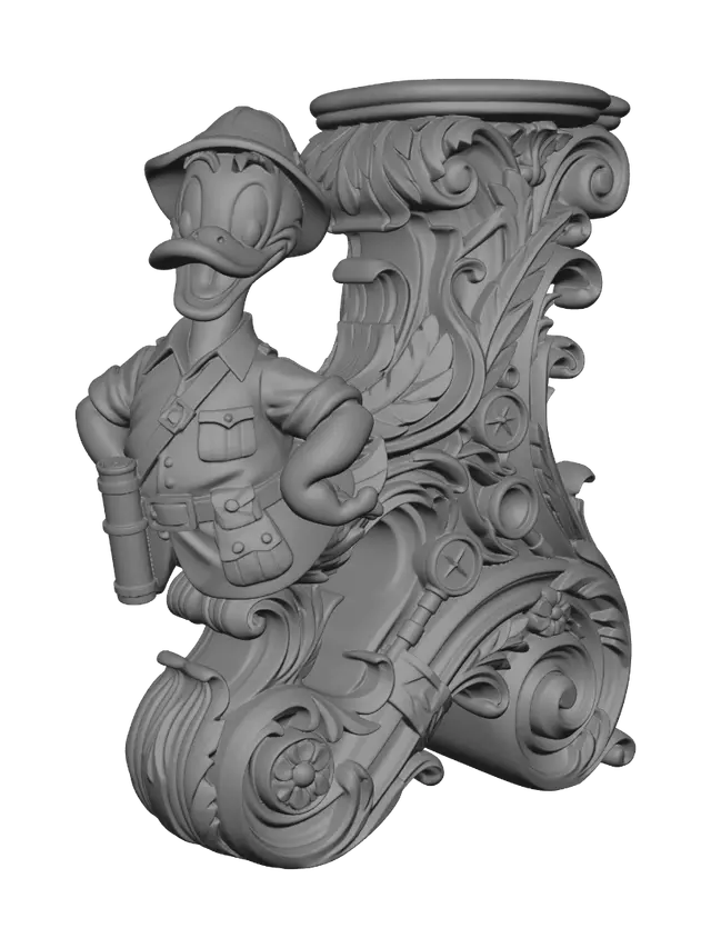 3D model for Transform a cheerful explorer duck into a hyper-realistic wooden carved Rococo-Art Nouveau caricatural statue merging into a monumental waved scrollwork console-pillar. Safari shirt, expedition hat, utility belt and telescope case flow into tropical vines, feathers, explorer tools, floral cartouches and graceful volutes. Clothes ripple dramatically into ornate Rococo scrollwork. Material: polished hardwood with refined feather detailing and crisp carving. Polychrome: weary deep ivory, khaki, golden yellow, brown and antique brass with aged patina